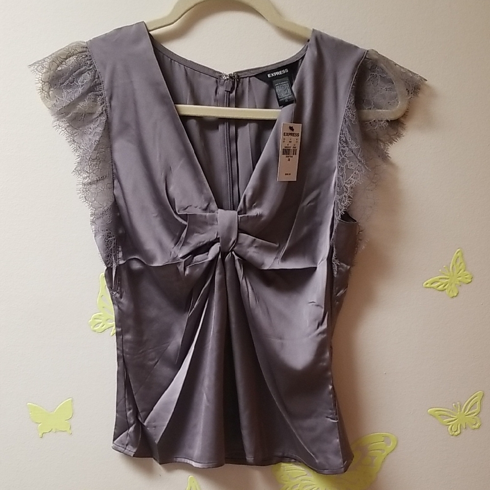 Express Gray Satin Top with Lace Sleeves XS New